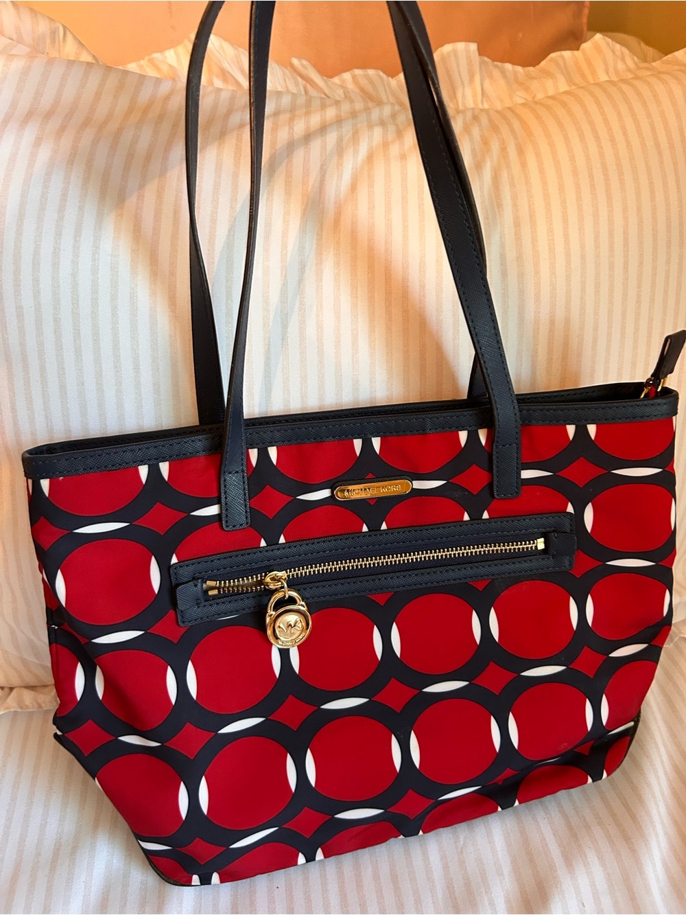 Michael Kors Red Black and White Circle-Print Tote and Wallet